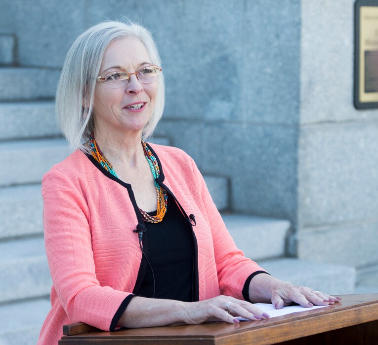 (Rick Egan  |  The Salt Lake Tribune)  Kathie Allen speaks at a media conference in front of the historic Provo City and County Building, Thursday, August 24, 2017.