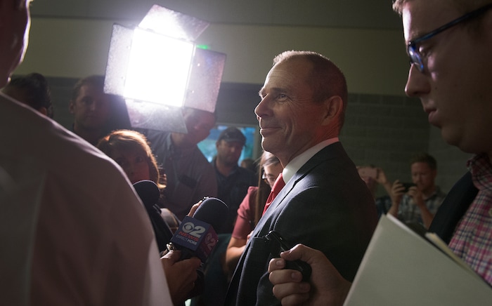 Leah Hogsten | The Salt Lake Tribune
Third District primary candidate Provo Mayor John Curtis fields questions from the media after The Salt Lake Tribune-Hinckley Institute of Politics debate, July 28, 2017, at the Utah Valley Convention Center in Provo. The primary will be held Aug. 15.