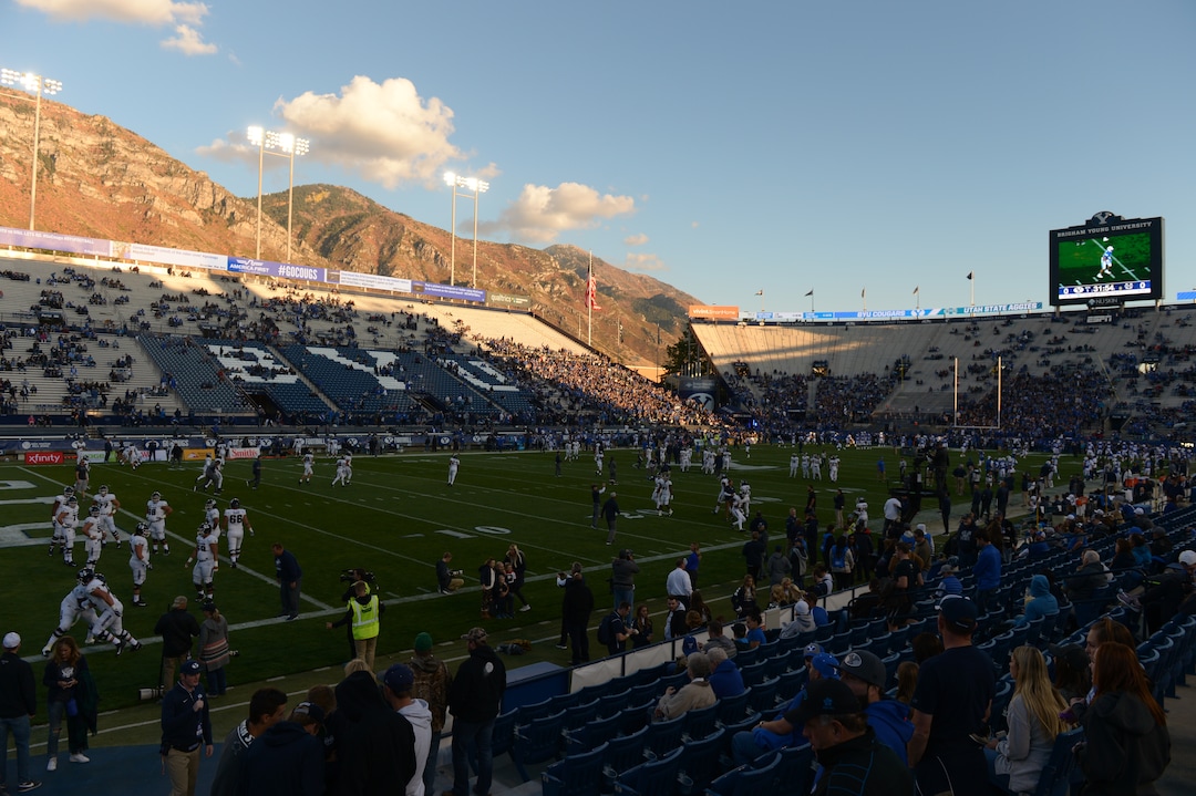 Leah Hogsten  |  The Salt Lake Tribune  Cougars and Aggies warm up on the field as BYU hosts Utah State University at Lavell Edwards Stadium in Provo, Friday, Oct. 5, 2018.