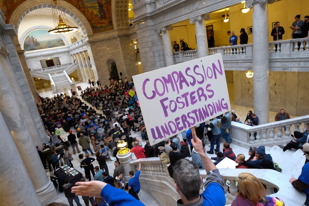 (Francisco Kjolseth | The Salt Lake Tribune) Hundreds gather at the Utah Capitol to rally for mental illness and addiction recovery while working to increase access to healthcare, mental health, affordable housing and treatment and recovery support on Tuesday, Feb. 20, 2018.