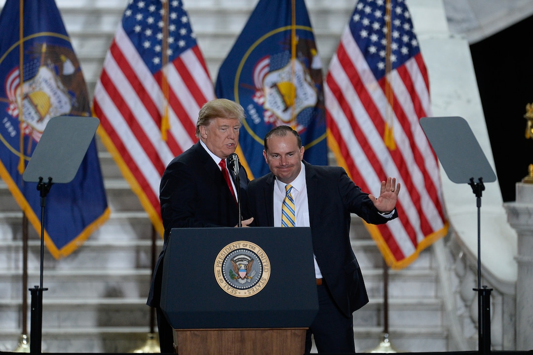 (Francisco Kjolseth  |  The Salt Lake Tribune)  U.S. President Donald Trump is joined by Sen. Mike Lee at the Utah Capitol on Monday, Dec. 4, 2017, prior to signing a presidential proclamation to shrink Bears Ears and Grand Staircase-Escalante national monuments.