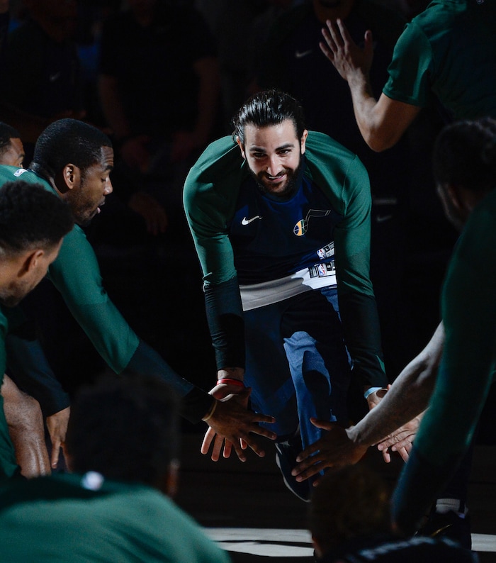 (Francisco Kjolseth  |  The Salt Lake Tribune)  Utah Jazz guard Ricky Rubio (3) is introduced prior to their game against the Raptors in their preseason NBA game at Vivint Smart Home Arena Tuesday, Oct. 2, 2018, in Salt Lake City.