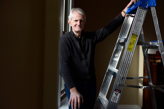 Scott Sommerdorf | The Salt Lake Tribune
Jim Lamm, a New York transplant, was out of work and about to be homeless. No Utah agency could help him. But after a Tribune story describing his plight ran on Dec. 26, the community responded, and now Lamm has lots of work, including painting this Avenues house, Wednesday, January 31, 2018.