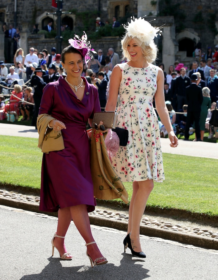 Singer Joss Stone, right, arrives for the wedding ceremony of Prince Harry and Meghan Markle at St. George's Chapel in Windsor Castle in Windsor, near London, England, Saturday, May 19, 2018. (Chris Radburn/pool photo via AP)
