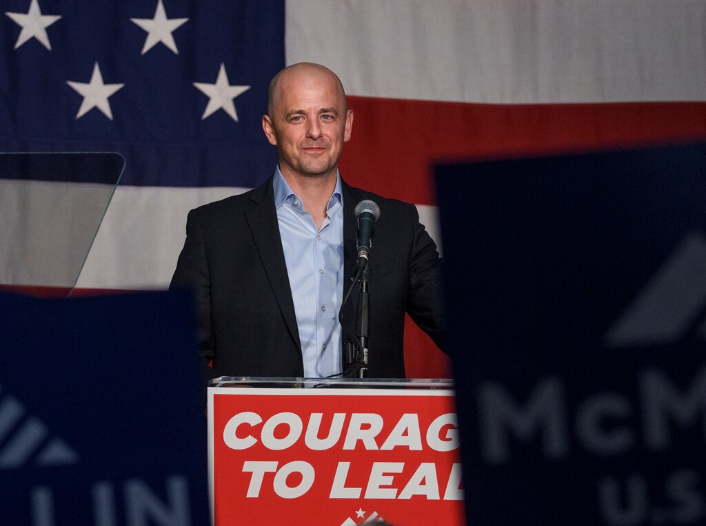 (Leah Hogsten | The Salt Lake Tribune) Evan McMullin, the Independent party candidate for the 2022 U.S. Senate election hoping to unseat incumbent Mike Lee addresses a crowd of about 200 people in Salt Lake City, Sept. 7, 2022. 