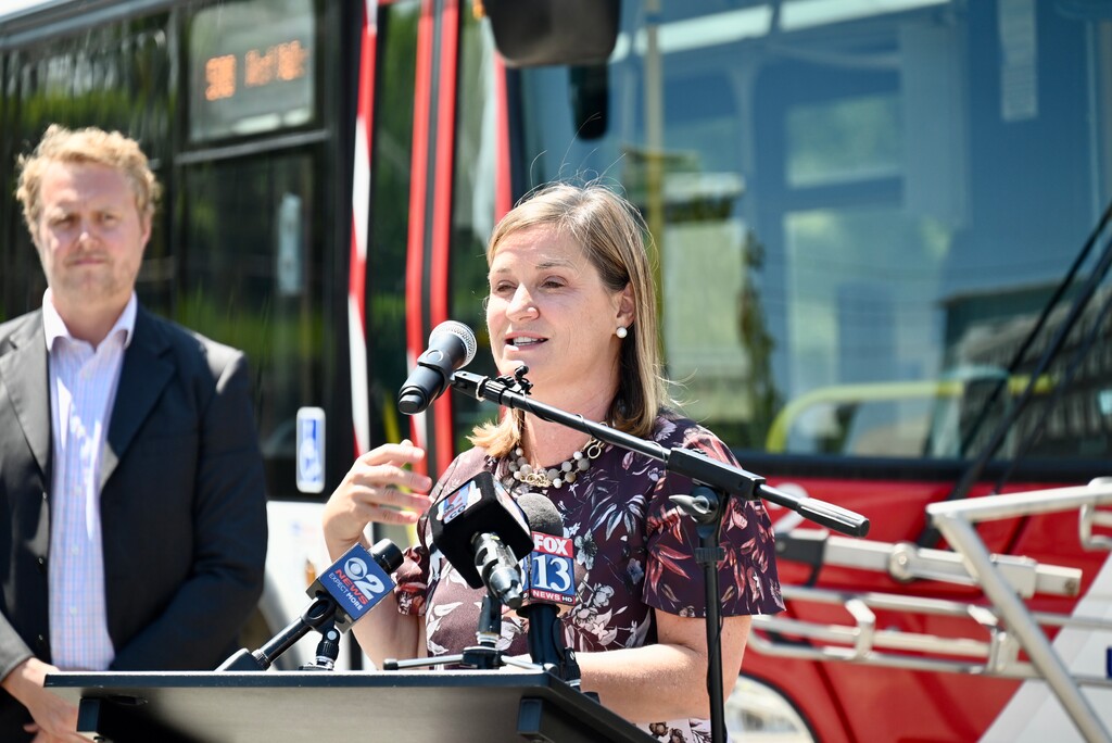 (Photo courtesy Salt Lake County) Salt Lake County Mayor Jenny Wilson announces a new air monitoring pilot program that uses electric buses to track pollution on Friday, July 16, 2021.
