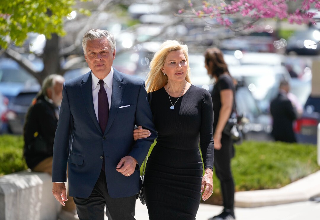 (Francisco Kjolseth | The Salt Lake Tribune) Former Utah Gov. Jon Huntsman Jr. and his wife Mary Kaye, arrive for the funeral of former U.S. Sen. Orrin Hatch at The Church of Jesus Christ of Latter-day Saints Institute of Religion in Salt Lake City on Friday, May 6, 2022. Hatch, the longest-serving Republican senator in U.S. history and the longest-serving from Utah, died April 23 at age 88.