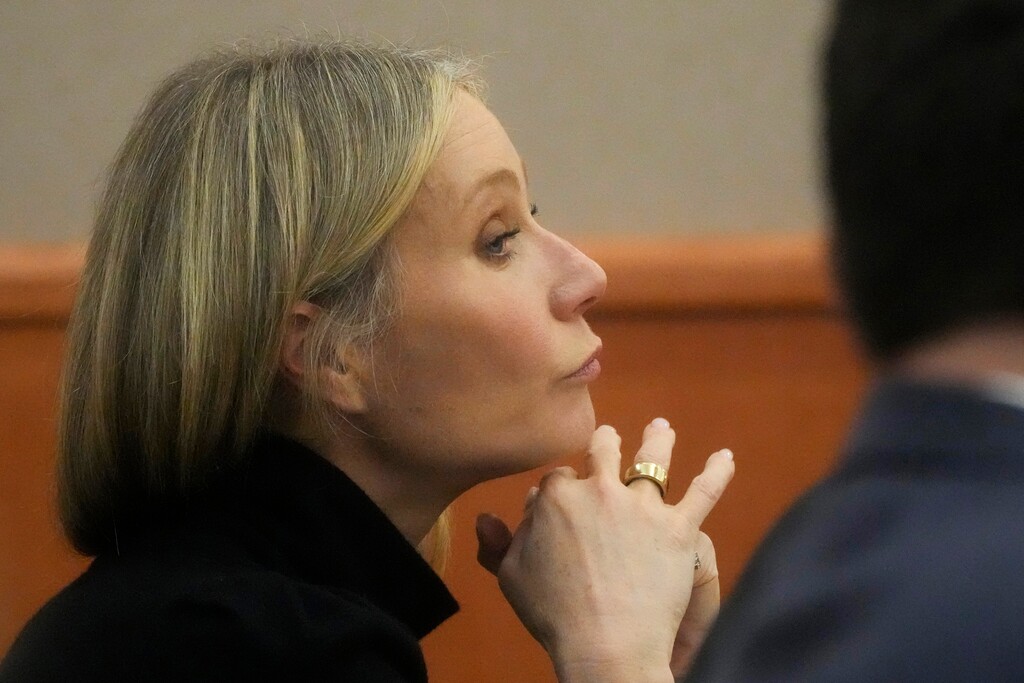 (Rick Bowmer | AP) Gwyneth Paltrow sits in court during an objection by her attorney during her trial, Wednesday, March 29, 2023, in Park City, Utah, where she is accused in a lawsuit of crashing into a skier during a 2016 family ski vacation, leaving him with brain damage and four broken ribs.
