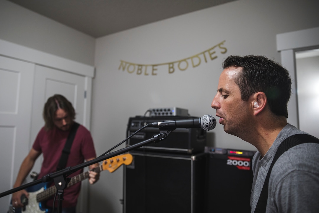 (Clark Clifford  |  For The Salt Lake Tribune) Chris Bennett and Bryce Taylor of Noble Bodies, practice for an upcoming show in the band's rehearsal space in Orem on Saturday, Aug. 3, 2019.