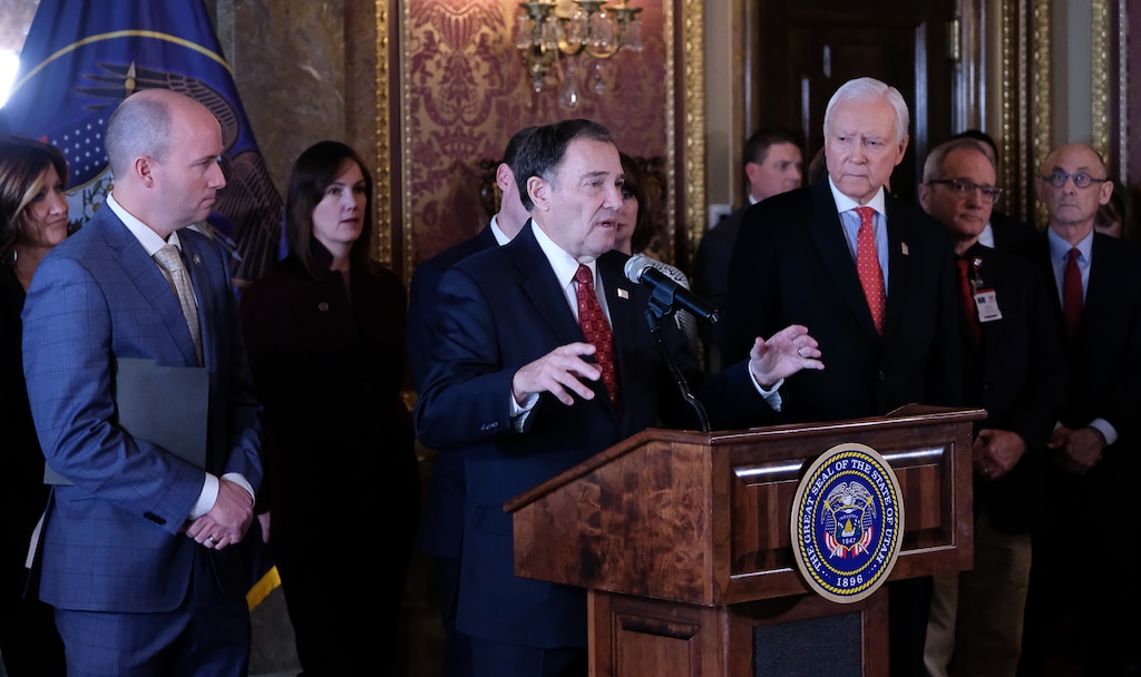 (Francisco Kjolseth  | Tribune file photo)  Utah Gov. Gary Herbert was  joined by Lt. Gov. Spencer Cox and Senator Orrin Hatch as the Herbert’s suicide task force gave its initial report at the Utah Capitol. A senior staffer for Herbert on Thursday urged state lawmakers to adopt two bills addressing the state’s rising suicide rates.