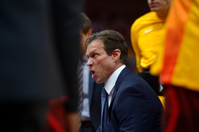 (Steve Griffin  |  The Salt Lake Tribune) Utah Jazz head coach Quin Snyder gets fired up during a time out a he talks to his players during the Utah Jazz versus Golden State Warriors at Vivint Smart Home Arena in Salt Lake City Tuesday January 30, 2018.