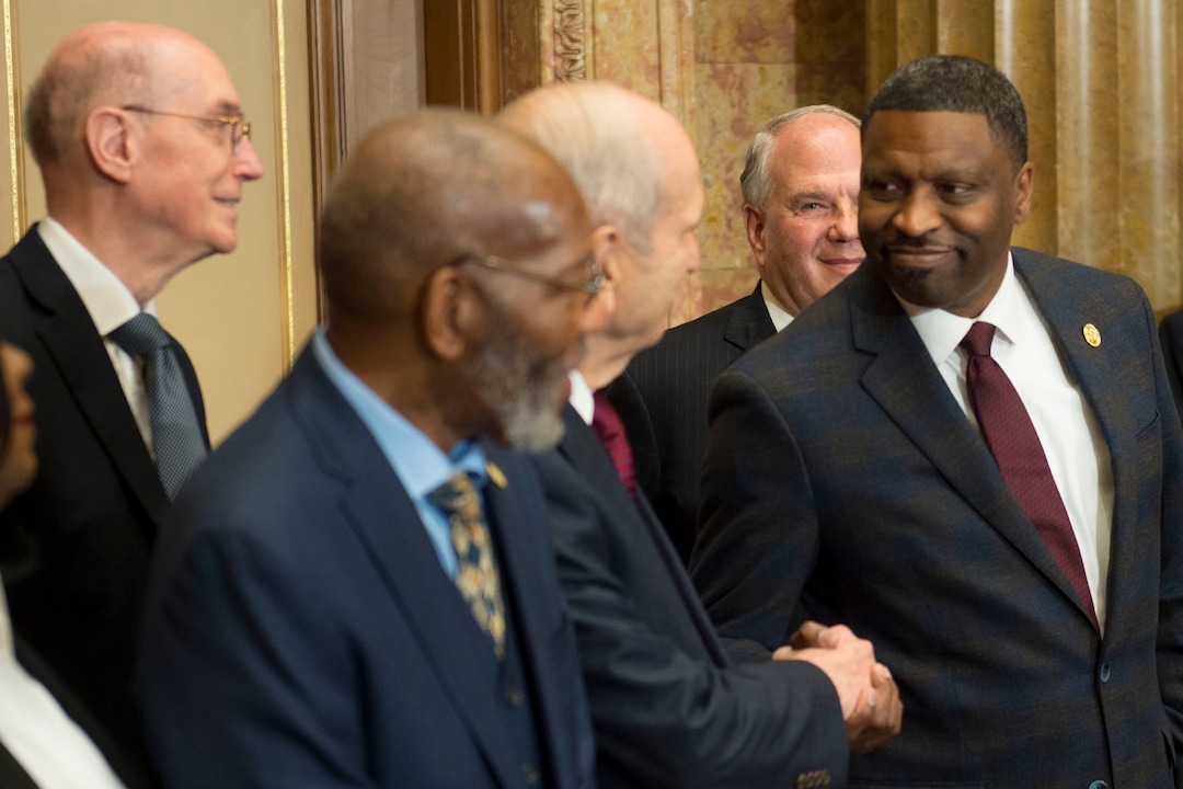 (Jeremy Harmon  |  The Salt Lake Tribune) Derrick Johnson, President and CEO of the NAACP, shakes hands with President Russell M. Nelson after speaking during an event on May 17, 2018, where LDS and NAACP leaders emphasized a need for greater civility and called for an end to prejudice. 