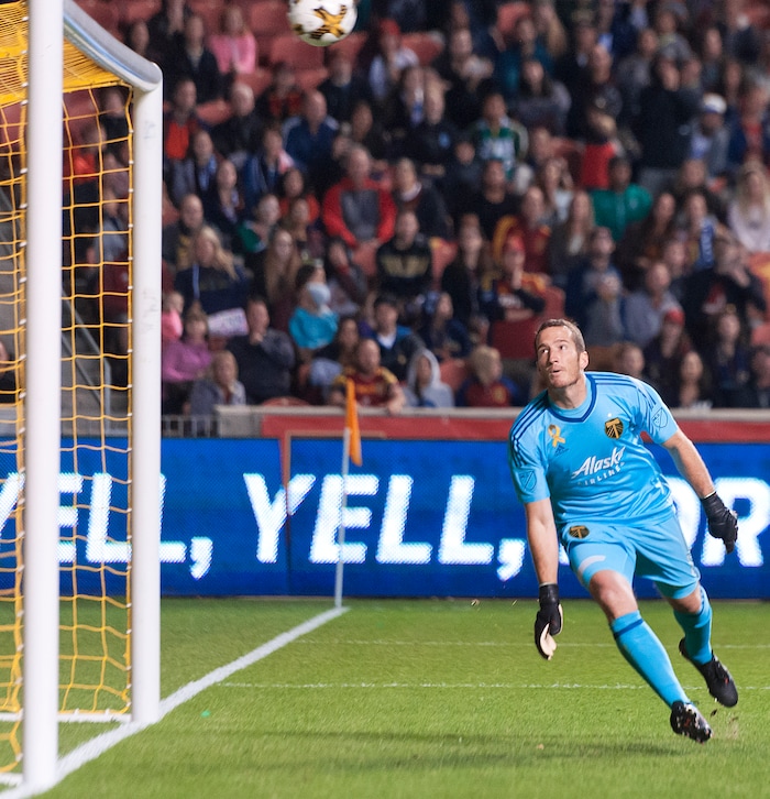 (Michael Mangum  |  Special to the Tribune)  Portland Timbers goalkeeper Jeff Attinella (1) watches as a Real Salt Lake shot flies into the top left corner of the goal during their MLS match at Rio Tinto Stadium in Sandy, UT on Saturday, September 16, 2017.