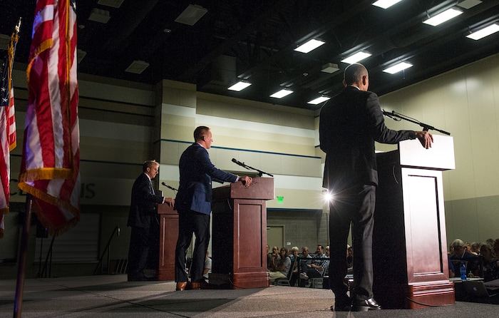 Leah Hogsten | The Salt Lake Tribune
l-r candidates in the 3rd District primary, former state Rep. Chris Herrod, businessman Tanner Ainge and Provo Mayor John Curtis field questions during The Salt Lake Tribune-Hinckley Institute of Politics debate, July 28, 2017, at the Utah Valley Convention Center in Provo. The primary will be held Aug. 15.