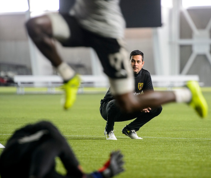 (Steve Griffin  |  The Salt Lake Tribune) RSL head coach Mike Petke runs practice with his players at the new Zions Bank Real Academy indoor facility in Herriman Tuesday January 23, 2018.