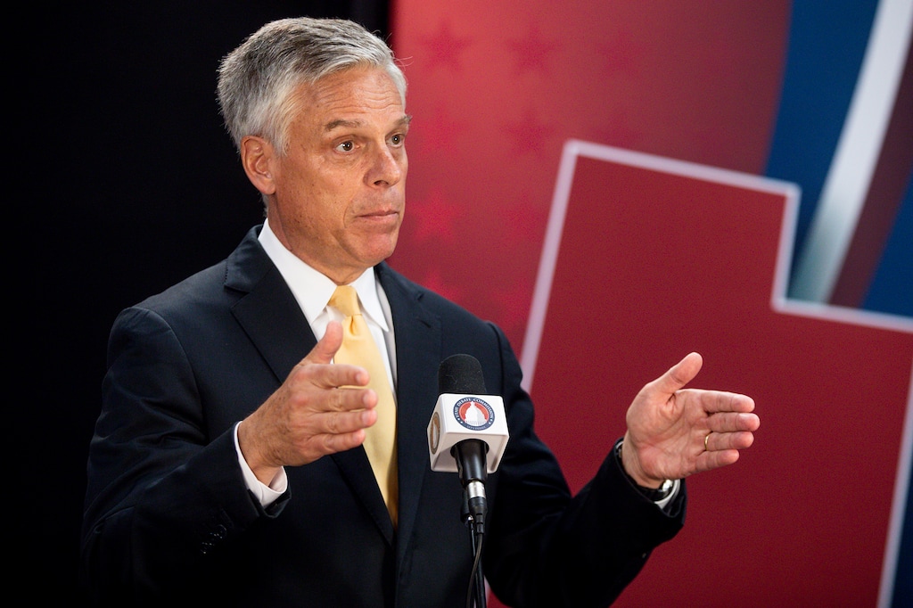 (Ivy Ceballo | Deseret News, pool) Former Gov. Jon Huntsman addresses reporters following the Utah Gubernatorial Republican Primary Debate at the PBS Utah studio at the University of Utah in Salt Lake City on Monday, June 1, 2020.