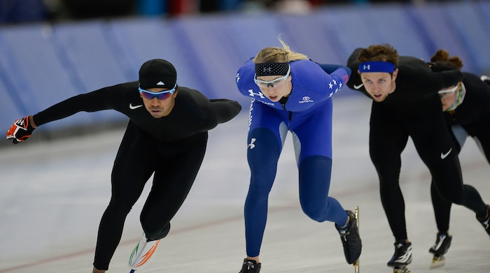(Francisco Kjolseth | The Salt Lake Tribune) Stephen Paul, a speedskater from India, left, works out with other athletes from multiple countries during a recent training session at the Kearns Olympic Oval. Paul is trying to become the first person ever from his country in his sport to qualify for the Winter Olympics in PyeongChang 2018, South Korea. Training 6-8 hours a day, 6-days a week, Paul moved to Salt Lake City four and half years ago to train.