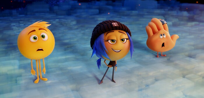 This image released by Sony Pictures shows characters, from left, Gene, voiced by T.J. Miller, Jailbreak, voiced by Anna Faris and Hi-5, voiced by James Corden in Columbia Pictures and Sony Pictures Animation's "The Emoji Movie." (Sony Pictures Animation via AP)