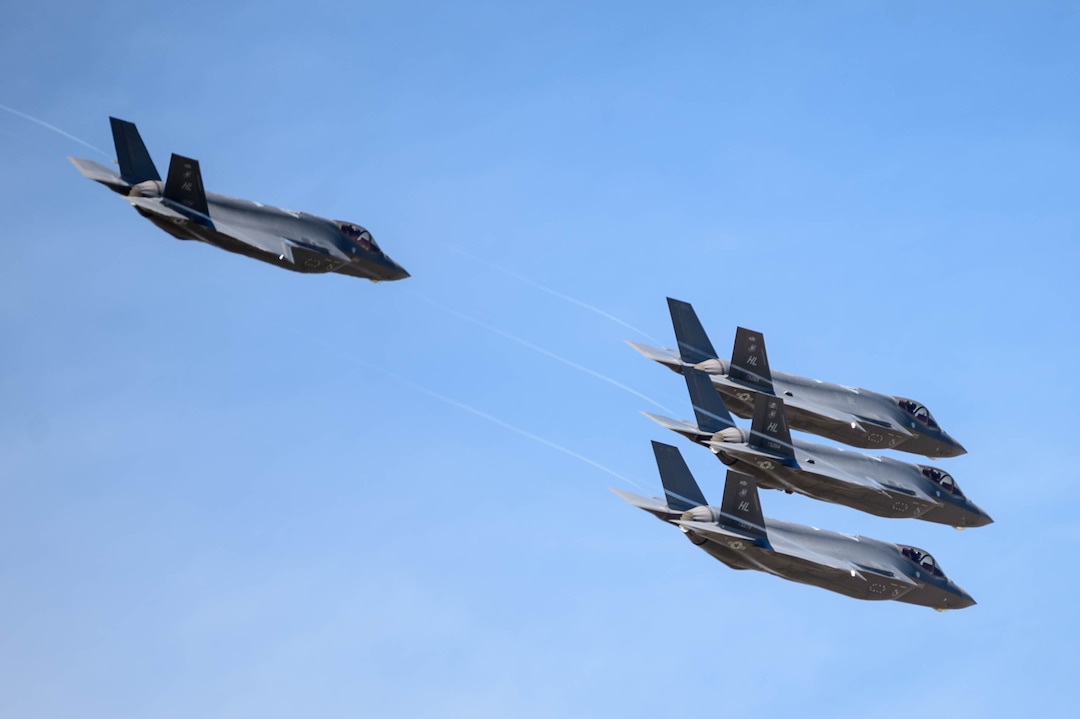 (Trent Nelson  |  The Salt Lake Tribune) The Air Force F-35A Lightning II Demonstration and 388th Fighter Wing, based at Hill Air Force Base, performs a formation flyover as seen in South Jordan on Thursday, April 30, 2020. The demonstration over Utah was a “salute to everyone on the front lines in the fight against COVID-19, as well as those staying at home to flatten the curve of the virus,” according to a news release.