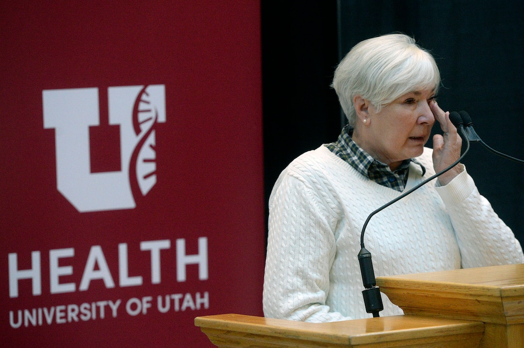 (Al Hartmann  |  The Salt Lake Tribune) 	Gail Miller fights back tear as she speaks at announcement  Nov. 13 that the University of Utah will receive a $5.3 million gift from Larry H. and Gail Miller Family Foundation to fight diabetes, called "Driving Out Diabetes:  A Larry H. Miller Wellness Initiative."