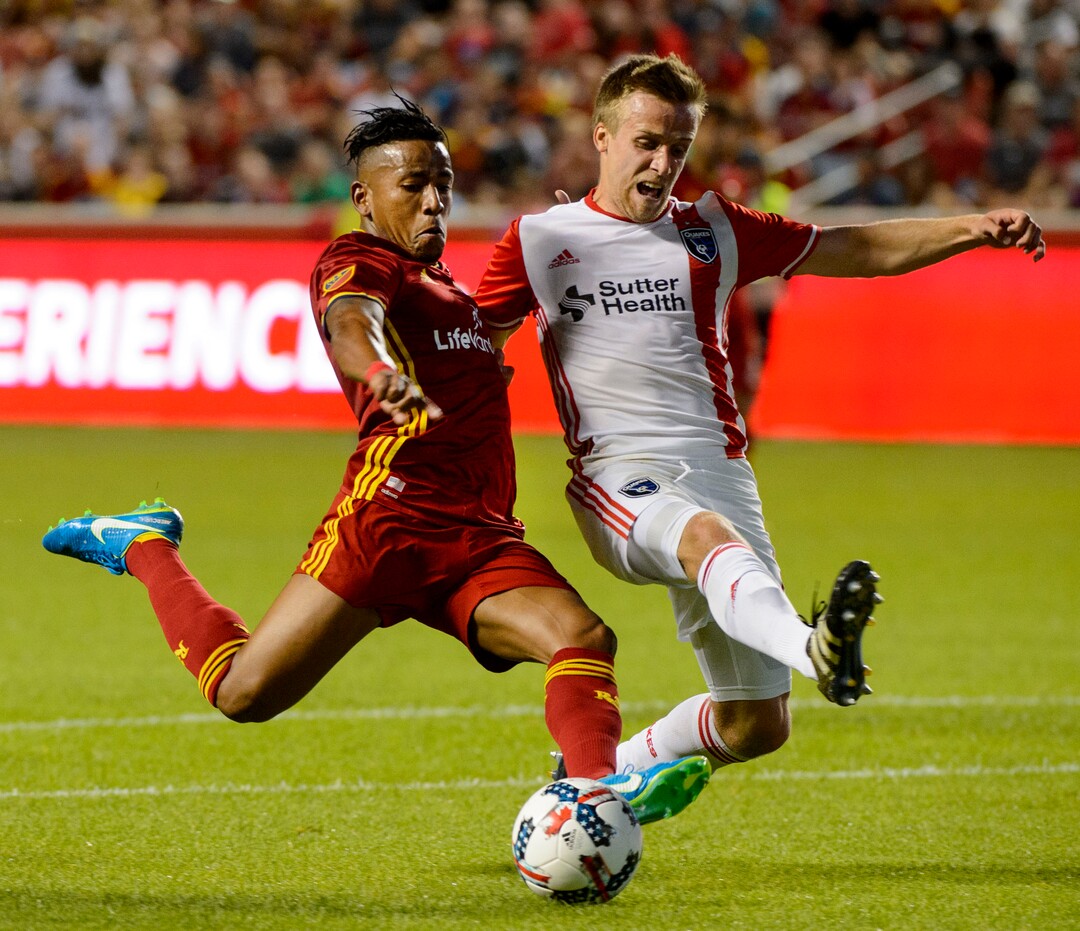 (Steve Griffin  |  The Salt Lake Tribune) Real Salt Lake forward Joao Plata (10) and San Jose's Tommy Thompson crash together in front of the Quakes goal during match at Rio Tinto Stadium in Sandy Wednesday August 23, 2017.