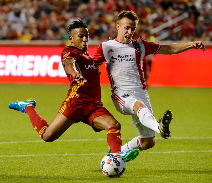 (Steve Griffin | The Salt Lake Tribune) Real Salt Lake forward Joao Plata (10) and San Jose's Tommy Thompson crash together in front of the Quakes goal during match at Rio Tinto Stadium in Sandy Wednesday August 23, 2017.