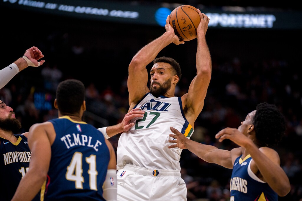 (Trent Nelson  |  The Salt Lake Tribune) Utah Jazz center Rudy Gobert (27) as the Utah Jazz host the New Orleans Pelicans, NBA basketball in Salt Lake City on Monday, Oct. 11, 2021.
