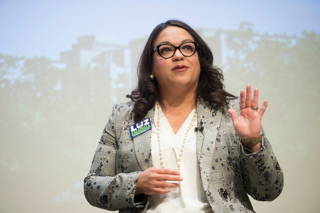 (Jeremy Harmon  |  The Salt Lake Tribune) Salt Lake mayoral candidate Luz Escamilla makes a point during a debate with Erin Mendenhall on Monday, Oct. 14, 2019.