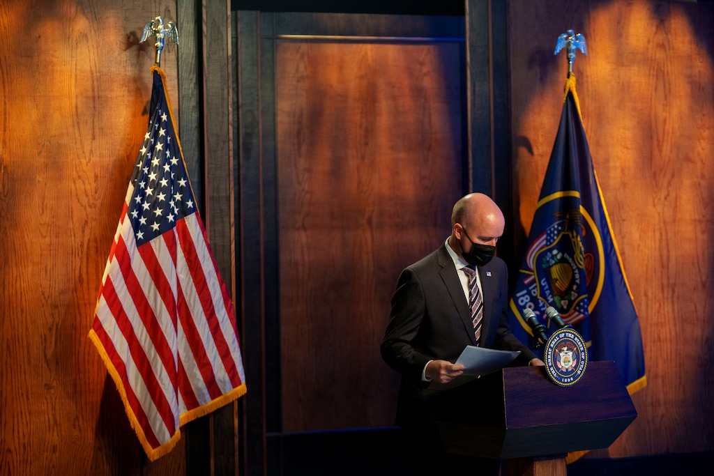 (Trent Nelson | The Salt Lake Tribune) Gov. Spencer Cox speaks at his monthly news conference in Salt Lake City on Thursday, May 19, 2022.