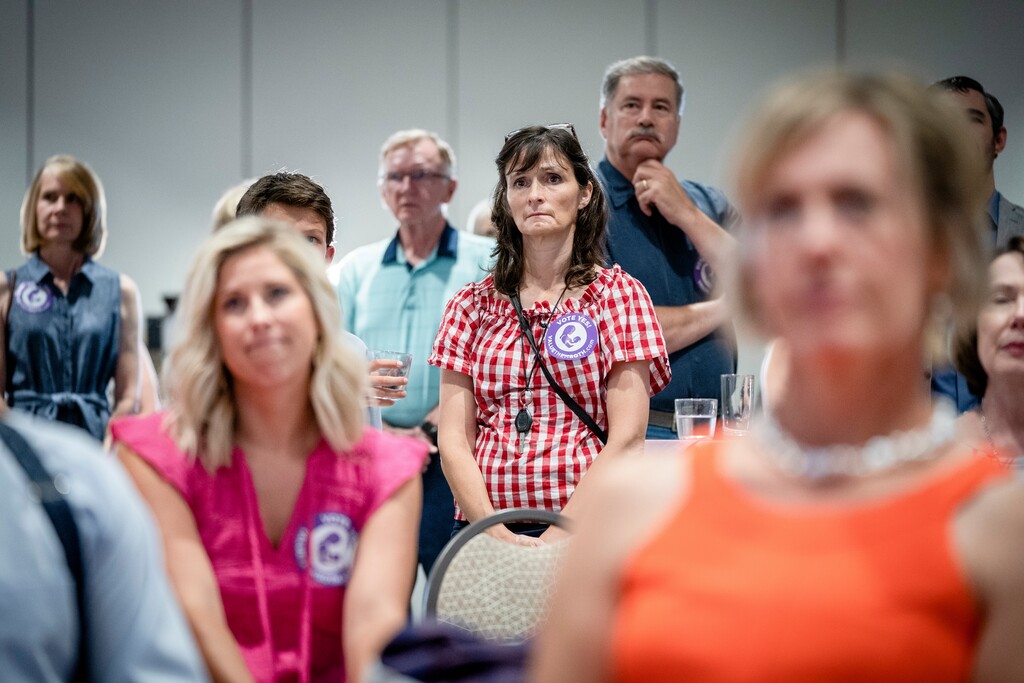 (Christopher Smith | The New York Times)

Supporters of the measure to remove abortion rights from the Kansas Constitution watch as it was defeated at an election night event in Overland Park, Kan., Aug. 2, 2022.
