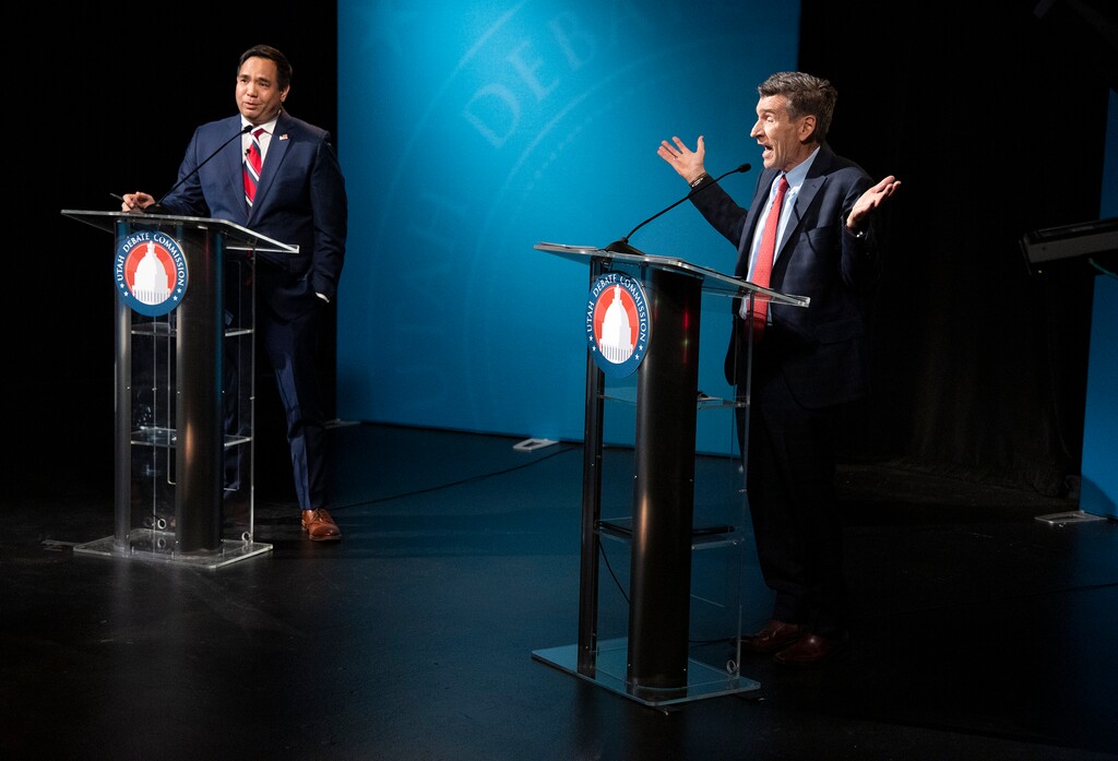 (Scott G Winterton | Deseret News/pool) Utah Attorney General Sean D. Reyes and Defense Attorney Greg Skordas debate in the KSL studios in Salt Lake City on Wednesday, Oct. 21, 2020.