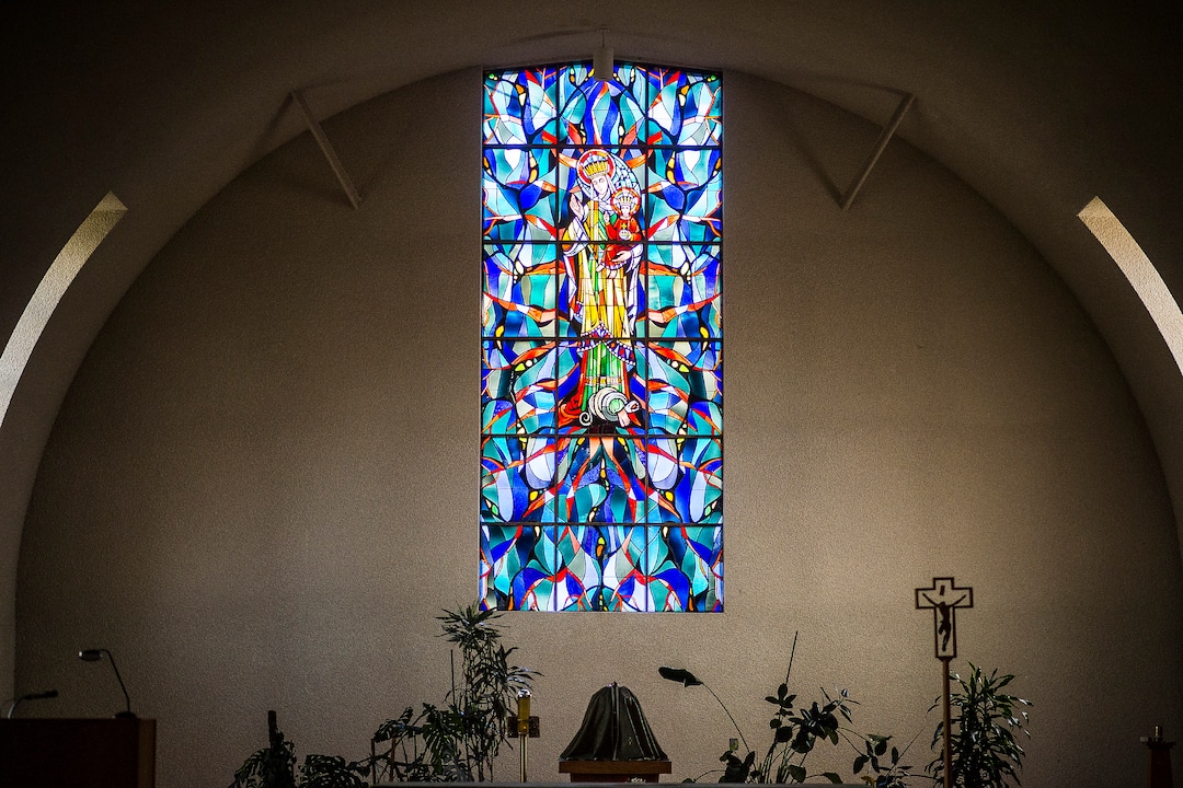 (Chris Detrick  |  The Salt Lake Tribune)  A stained-glass window in the chapel at the Abbey of Our Lady of the Holy Trinity in Huntsville on Wednesday, Aug. 23, 2017.