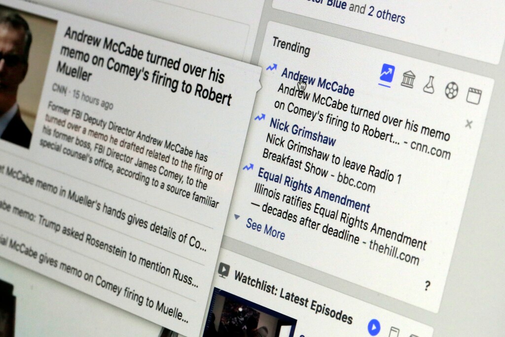 (Richard Drew | AP photo)

This Thursday, May 31, 2018, photo shows the Trending section on a Facebook account in New York.