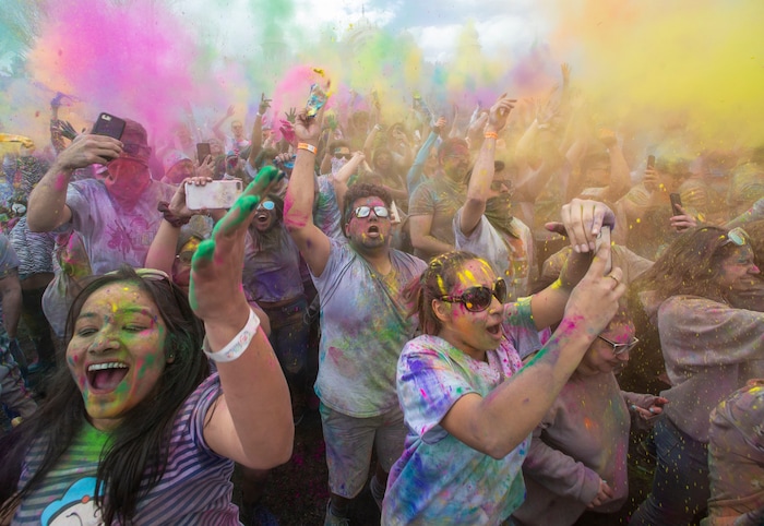 (Rick Egan  |  The Salt Lake Tribune)   Revelers dance along with the Bollywood Utah dancers, at the Holi Festival of Colors celebration at the Sri Sri Radha Krishna Temple in Spanish Fork, Saturday, March 30, 2019.


