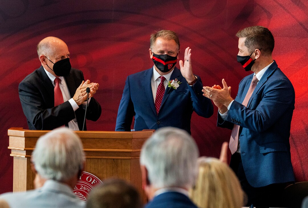 (Rick Egan | The Salt Lake Tribune) Taylor R. Randall reacts after the University of Utah announced that he was the new President of the University of Utah, during a news conference, on Thursday, Aug. 5, 2021.