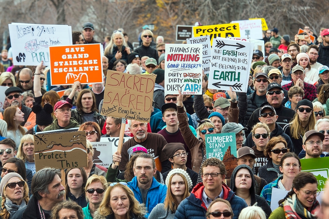(Chris Detrick  |  The Salt Lake Tribune) Supporters of the Bears Ears and Grand Staircase-Escalante National Monuments rally at the Utah State Capitol Saturday, December 2, 2017.  Utah Highway Patrol estimated 5,000 people attended the rally. 