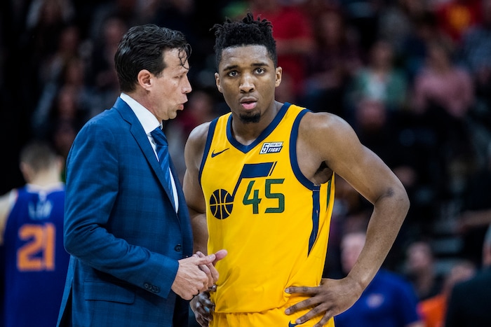 (Chris Detrick  |  The Salt Lake Tribune)  Utah Jazz head coach Quin Snyder talks with Utah Jazz guard Donovan Mitchell (45) during the game at Vivint Smart Home Arena Thursday, March 15, 2018. Utah Jazz defeated Phoenix Suns 116-88.
