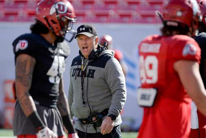 (Francisco Kjolseth  |  The Salt Lake Tribune)  University of Utah head coach Kyle Whittigham yells out to his team as the Utah Utes hold their first of two major scrimmages of spring practice at Rice Eccles stadium on Saturday, March 30, 2019, prior to the April 13 Red-White Game. 