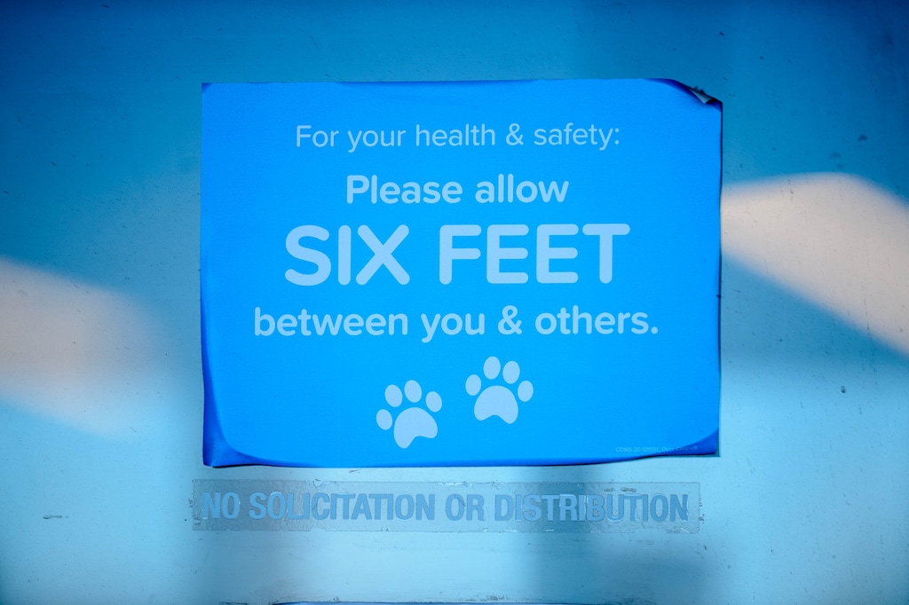 (Trent Nelson  |  The Salt Lake Tribune) A sign calls for social distancing during the current yellow (low-risk) phase of Utah's COVID-19 effort, at PetSmart in Sandy on Tuesday, June 23, 2020.
