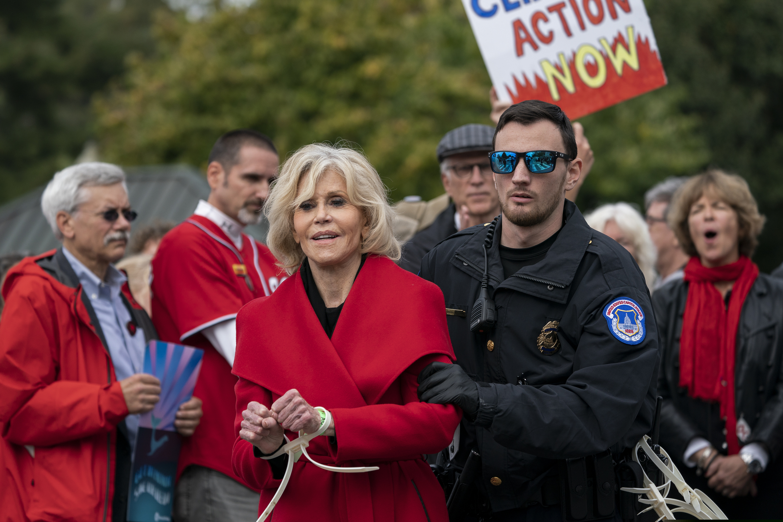 (J. Scott Applewhite | AP file photo) Actress and activist Jane Fonda is arrested at the Capitol for blocking the street after she and other demonstrators called on Congress for action to address climate change, in Washington on Oct. 25 2019. Fonda spent a night in a Washington, D.C., jail after her fourth arrest in as many weeks during a climate change demonstration on Capitol Hill. The 81-year-old Oscar winner was among more than 40 people arrested Friday, Nov. 1, 2019, while sitting inside a Senate office building.