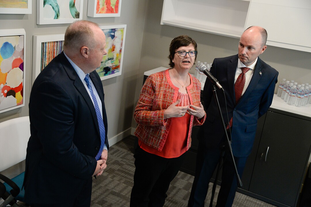 (Francisco Kjolseth  |  The Salt Lake Tribune)  Jonathan Hardy with Workforce Services, Left, Janice Kimall, CEO of Housing Connect and Lt. Gov. Spencer Cox announces a new effort to help an additional 100 homeless people move into permanent housing during a press event at Sharon Gardens Apartments in South Salt Lake on Monday, April 29, 2019. The Lt. Governor called on Salt Lake area landlords to providing units available to people who have been homeless with the help of vouchers. The apartment with 58 one bedroom units provides 45 to low income people with the 13 remaining at market rate.