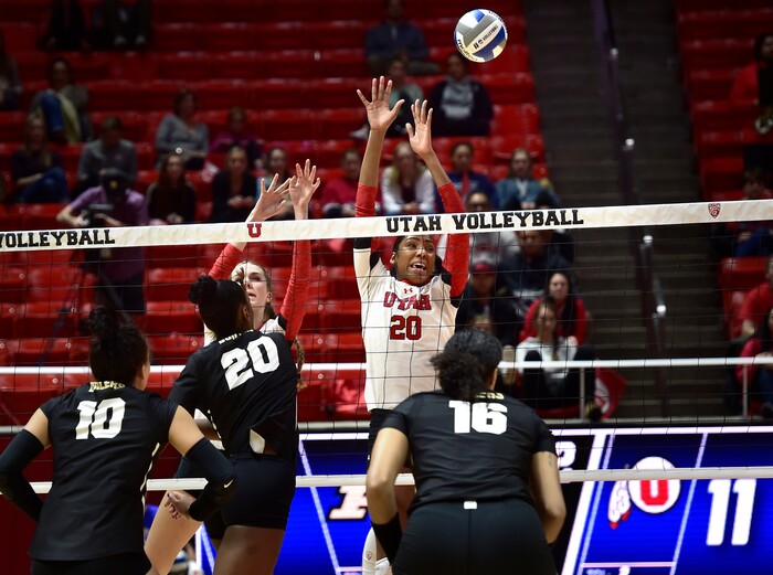 (Scott Sommerdorf   |  The Salt Lake Tribune)   Utah's Tawnee Luafalemana looks to block a shot by Purdue's Danielle Cuttino during second set play. Utah beat Purdue three sets to one in the second round of the NCAA volleyball tournament, Friday, December 1, 2017.  