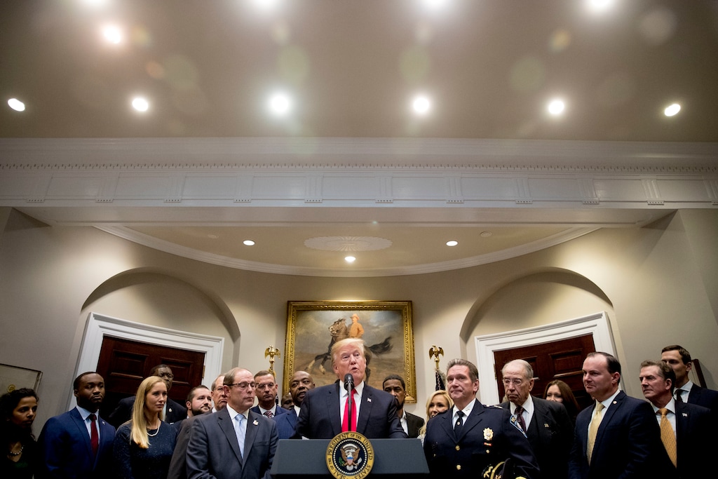 (Andrew Harnik | The Associated Press) President Donald Trump speaks in the Roosevelt Room of the White House in Washington, Wednesday, Nov. 14, 2018, to announce his support for the first major rewrite of the nation's criminal justice sentencing laws in a generation.