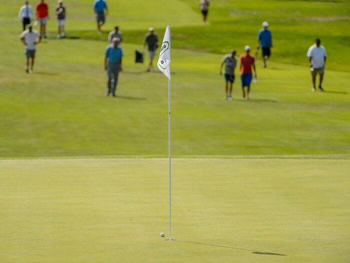 (Trent Nelson | The Salt Lake Tribune)  
Dusty Fielding's ball sits inches from the 18th hole at the Utah Open golf tournament at Provo's Riverside Country Club, Sunday Aug. 19, 2018.