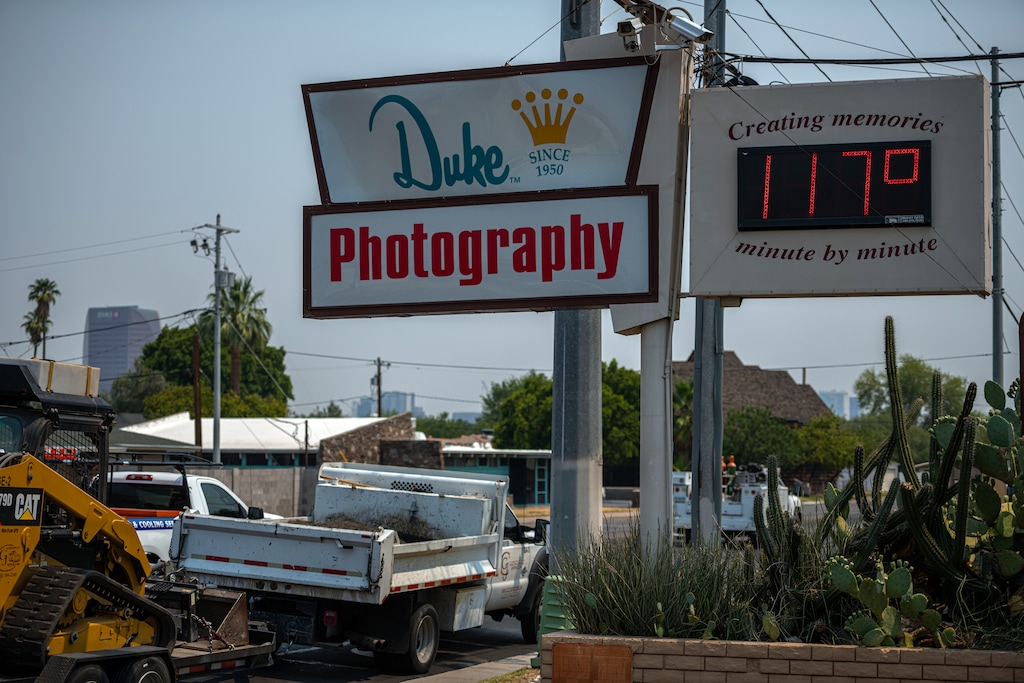 (Ash Ponders | The New York Times)

A sign displays the temperature in Phoenix, Ariz., on Tuesday, June 15, 2021. Much of the West is suffering from unusually scorching temperatures this week, as a large and persistent heat dome stretches from Southern California to Montana.