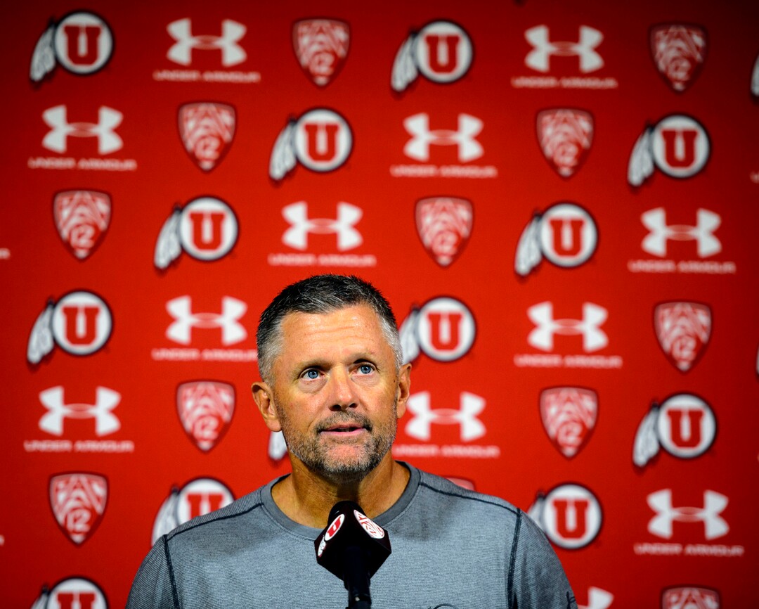 (Steve Griffin  |  The Salt Lake Tribune)  University of Utah football coach Kyle Whittingham answered questions during the Utes'  weekly press conference at the football facility press conference room in Salt Lake City Monday August 28, 2017.