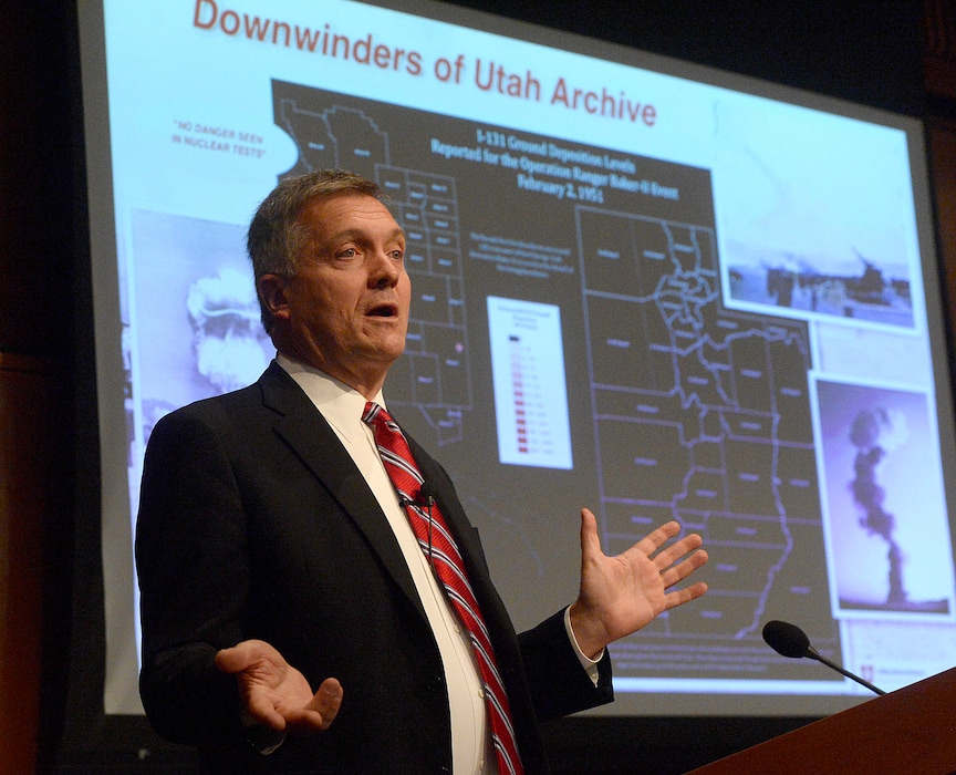(Al Hartmann | The Salt Lake Tribune) In this Monday, Oct. 3, 2016 photo, former Utah Congressman Jim Matheson, an advocate for compensation for the downwind population in Utah affected by cancer speaks at the launch event for “Downwinders of Utah Archive” at the J. Willard Marriott Libray at the University of Utah in Salt Lake City. The new University of Utah archive about the state’s “downwinders” features oral histories, photographs and newspapers clippings documenting the impact of nuclear testing during the 1950s in Nevada.