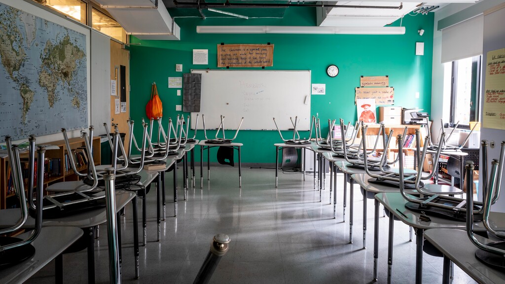 (Ashley Gilbertson | The New York Times) 
A classroom in a school.