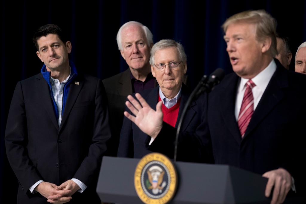 (Andrew Harnik | AP photo)

President Donald Trump, accompanied by from left, House Speaker Paul Ryan of Wis., Senate Majority Whip Sen. John Cornyn, R-Texas., and Senate Majority Leader Mitch McConnell of Ky., speaks to members of the media after participating in a Congressional Republican Leadership Retreat at Camp David, Md., Saturday, Jan. 6, 2018.