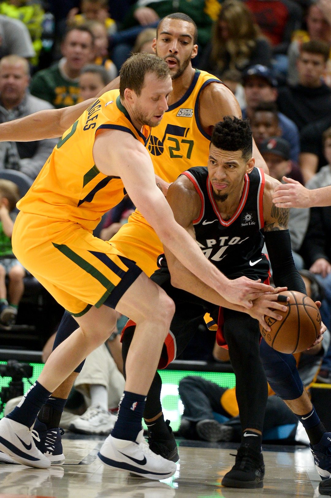 Leah Hogsten  |  The Salt Lake Tribune Utah Jazz forward Joe Ingles (2) pressures Toronto Raptors guard Danny Green (14) as the Utah Jazz host the Toronto Raptors, Monday, Nov. 5, 2018 at  Vivint Smart Home Arena.